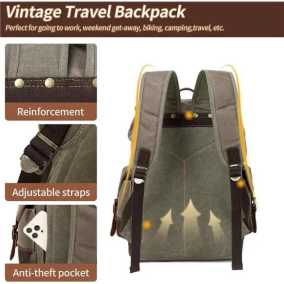New Waxed Canvas Retro Backpack Rucksack Army Green - Picture 6 of 9